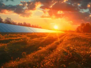 un prato al tramonto con pannelli fotovoltaici sullo sfondo