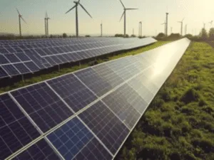 una distesa di impianti fotovoltaici a terra e pale eoliche