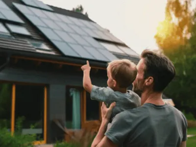 un papà con suo figlio in braccio che indica la loro casa con pannelli fotovoltaici sul tetto