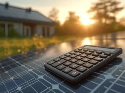 immagine di una casa sullo sfondo con tramonto in primo piano una calcolatrice su un pannello fotovoltaico