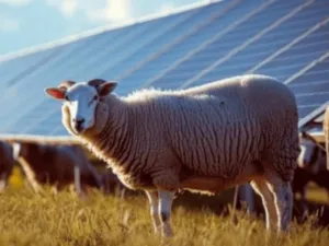 una pecora davanti ad un impianto fotovoltaico a terra