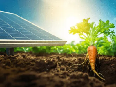 una carota accanto a degli impianti fotovoltaici su terreni agricoli