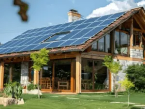 una casa con un tetto con impianto fotovoltaico