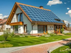 una casetta con giardino e pannelli fotovoltaici sul tetto