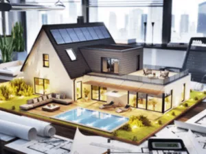il modellino di una casa con piscina e pannelli fotovoltaici su dei progetti